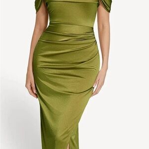 NWT Popilush Shapewear Off Shoulder Shine Ruched Sculpting Maxi Dress
